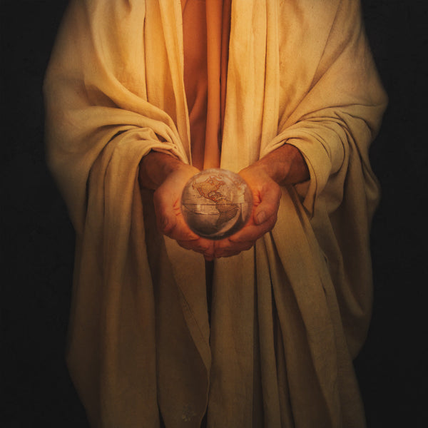 Jesus carrying the world in his hands as the light of the world.