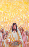 Jesus holding a basket of bread and fish with masses of people behind him.