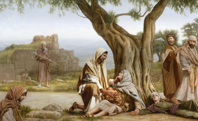Jesus kneeling besides a sick woman holding a baby and other people healing them.
