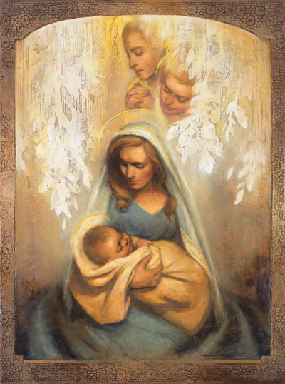 Mother holds baby as angels watch over and comfort her.