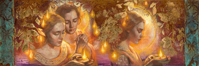 Women holding lamps surrounded by gold leaves.