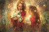 Two women holding easter lilies with light shining behind them.