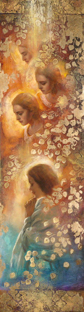 Angels surrounded by light and gold leaves looking down.