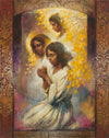 Three black women and angels in prayer.