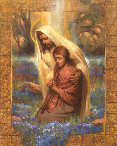 Jesus comforts women while she kneels in prayer.