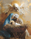 An angel watches over Mary and Joseph with baby Jesus in a manger.