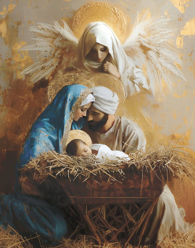 An angel watches over Mary and Joseph with baby Jesus in a manger.