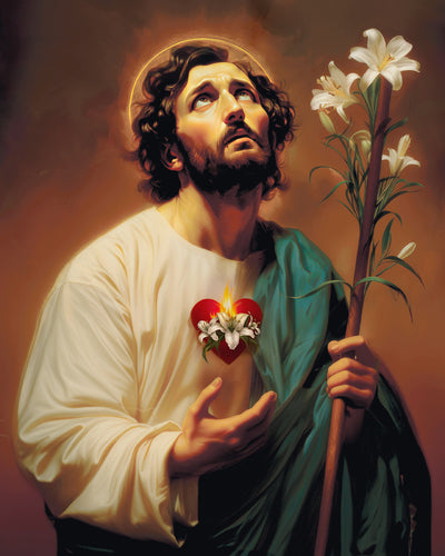Joseph holding a heart and lilies.