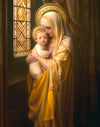 Mary holding baby Jesus by a stained glass window.