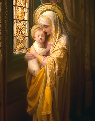 Mary holding baby Jesus by a stained glass window.
