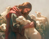 Jesus Christ with a flock of sheep.