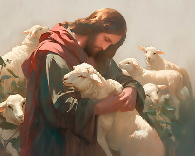 Jesus Christ with a flock of sheep.