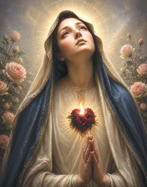 Mary praying with a burning heart over her hands.