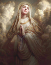 Mary with a rosary, surrounded by clouds.
