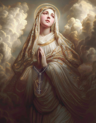 Mary with a rosary, surrounded by clouds.