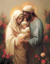 Mary and Joseph holding baby Jesus surrounded by flowers.