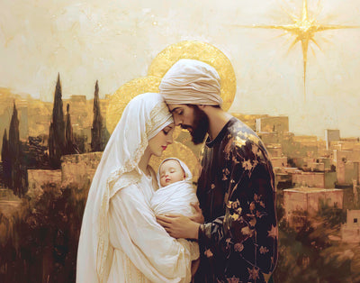 Mary and Joseph holding baby Jesus.
