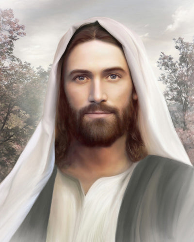 Portrait of Jesus Christ wearing a white shawl on head with trees in the background.