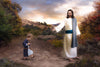 Young boy stepping in Jesus's footsteps.