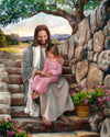 Jesus sitting on steps with little girl in his lap.