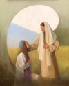 A man kneeling in front of Christ as he heals him.