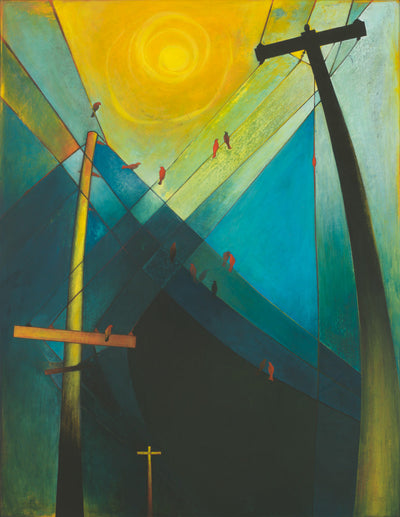 Birds on a telephone line representing the power of God vs man.