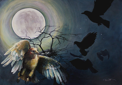 Red bird flying above a nest of baby birds representing endurance.