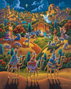 Colorful painting of three wise men on camels with the Nativity in the background.