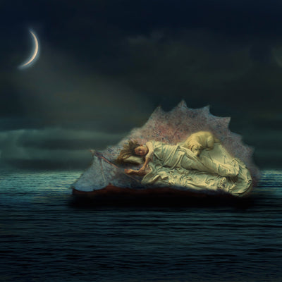 A young woman and her dog sleep peacefully on an enormous leaf floating on the water.