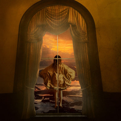 A small girl floats directly outside a bedroom window.