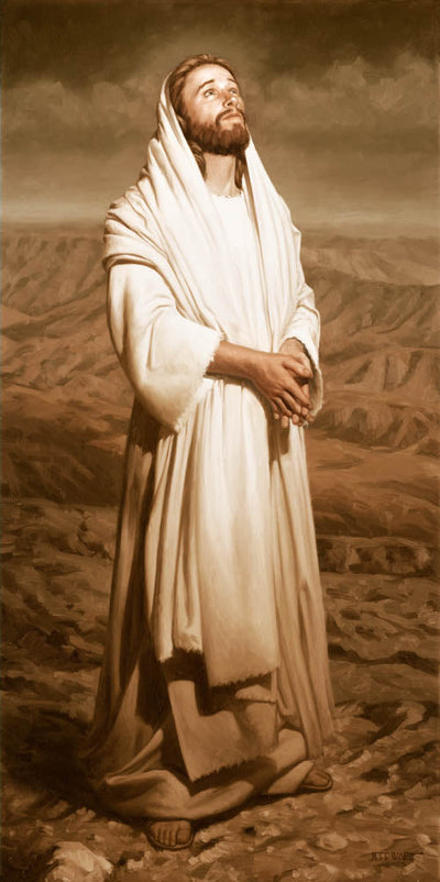 Sepia colored portrait of Christ standing with hands together looking up.