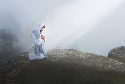 Jesus kneeling in prayer alone on a rock.