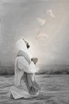 Black and white image of Jesus kneeling in prayer. He looks up toward Heaven where three doves are flying.