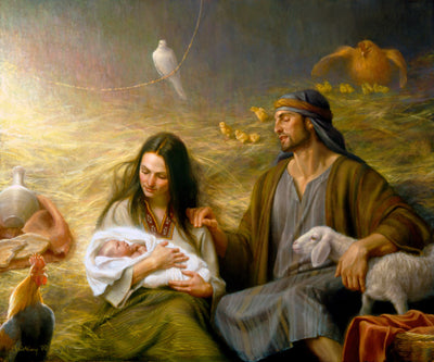Mary holding baby Jesus with Joseph next to her.
