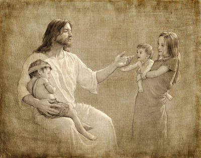 Sepia colored sketch of jesus with three children, one on his lap.