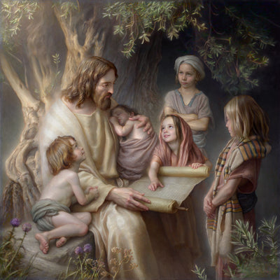 Jesus sitting reading a scroll surrounded by children.