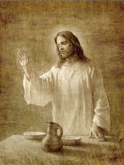 Sepia sketch of Jesus with his hand up next to a table with a pot.