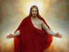 Jesus wearing a red robe with arms stretched out and light behind him.