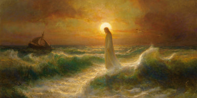 Jesus walking on water with a boat in the background.