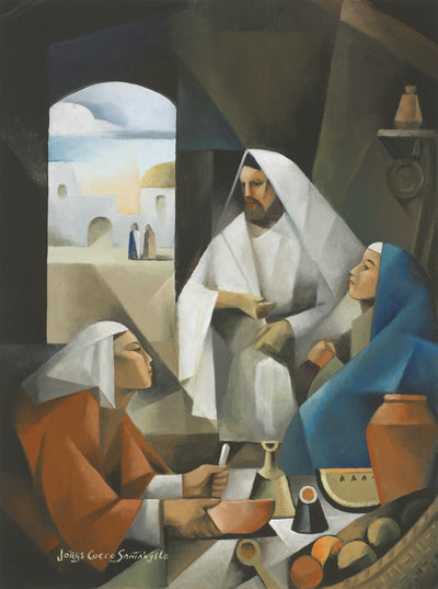 Jesus visitinginside the home of Mary and her sister Martha.
