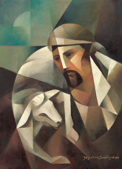 Portrait of Jesus as a shepherd with a sheep on his shoulders.