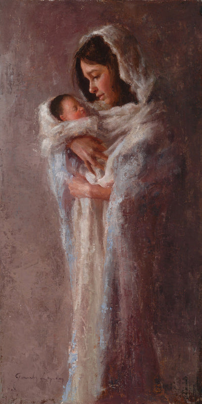 Mary standing holding baby Jesus.