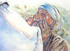 Blind man being healed by the hands of Jesus.