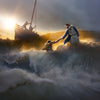 Jesus saving Peter as apostles in a boat watch.