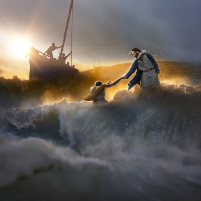 Jesus saving Peter as apostles in a boat watch.