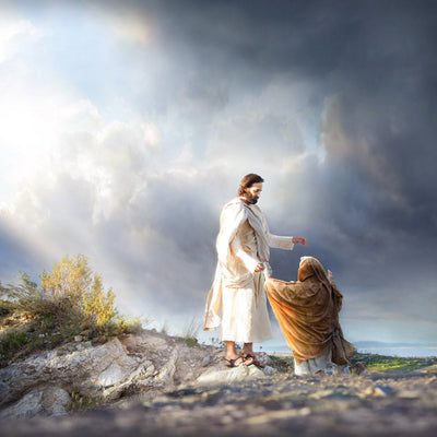 One of the ten lepers returning to thank Jesus for healing him.