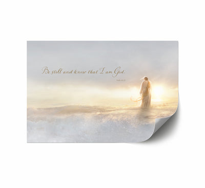 Jesus walking on water. Bright sunlight glints off the waves.