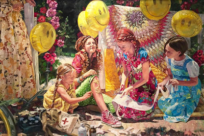 A group on young girls apply first aid to their friends scrapped knee.