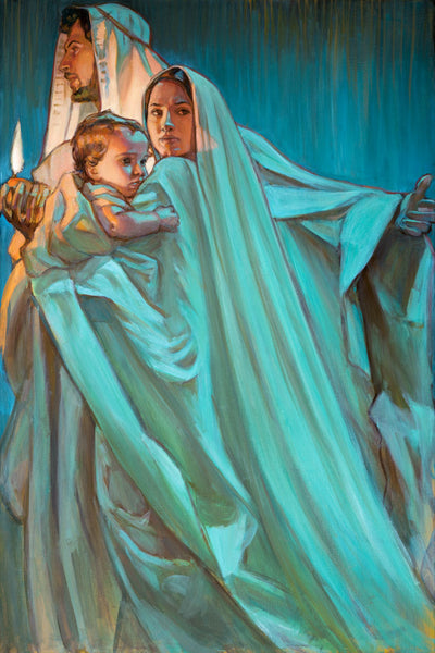 Joseph holding a lit oil lamp guiding Mary and young Jesus through the night.