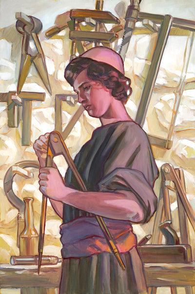 A young Jesus holding a carpenter tool with tools on a wall behind him.